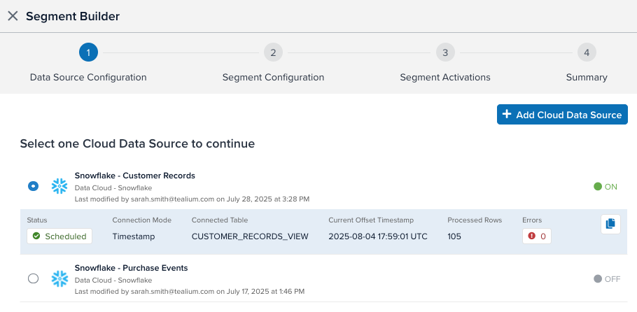 CloudStream data source selections CloudStream data source selections