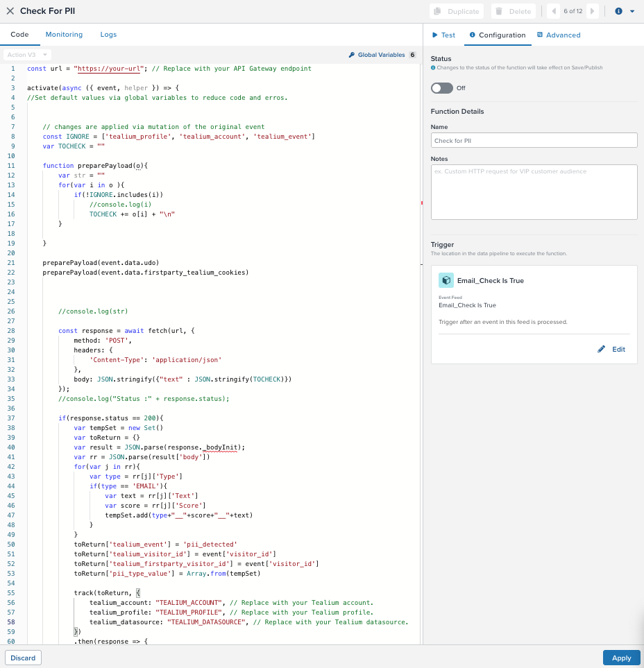 Check for PII processed event function Check for PII processed event function