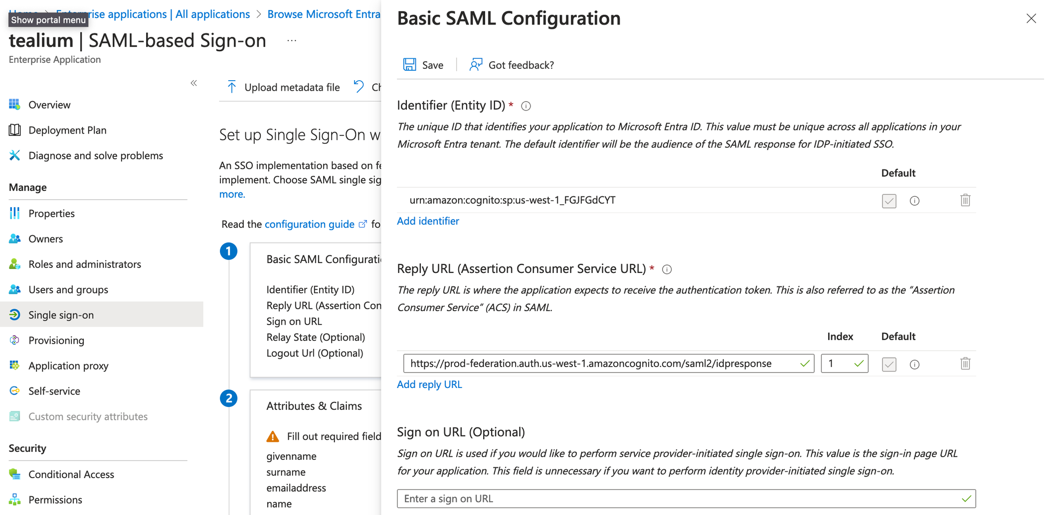 Azure SAML configuration screen