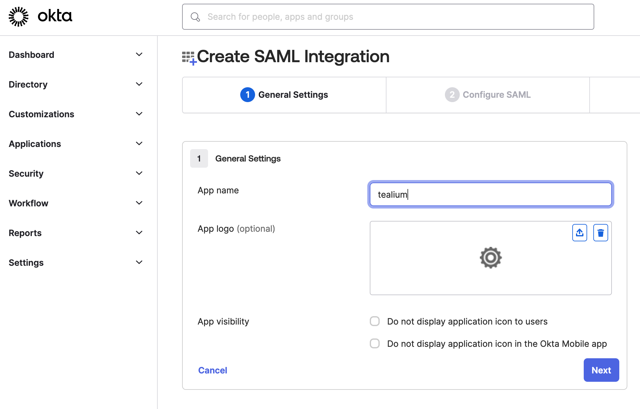 Okta create SAML integration screen