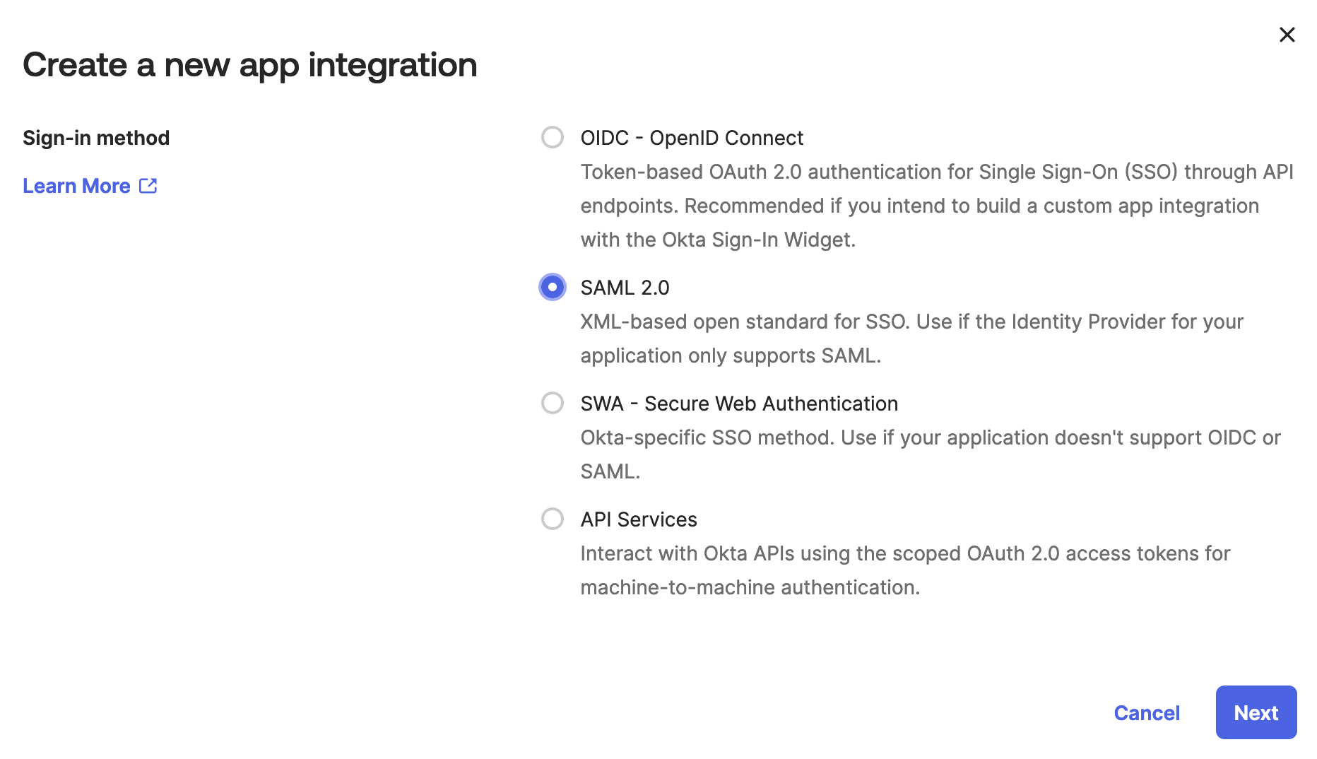 Okta new app integration screen