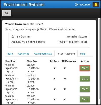 Tealium Tools_Environment Switcher_Recent Redirects Tab_Start.jpg