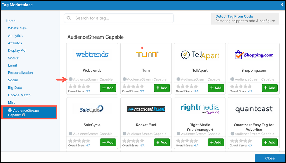Filter AudienceStream Capable Tags