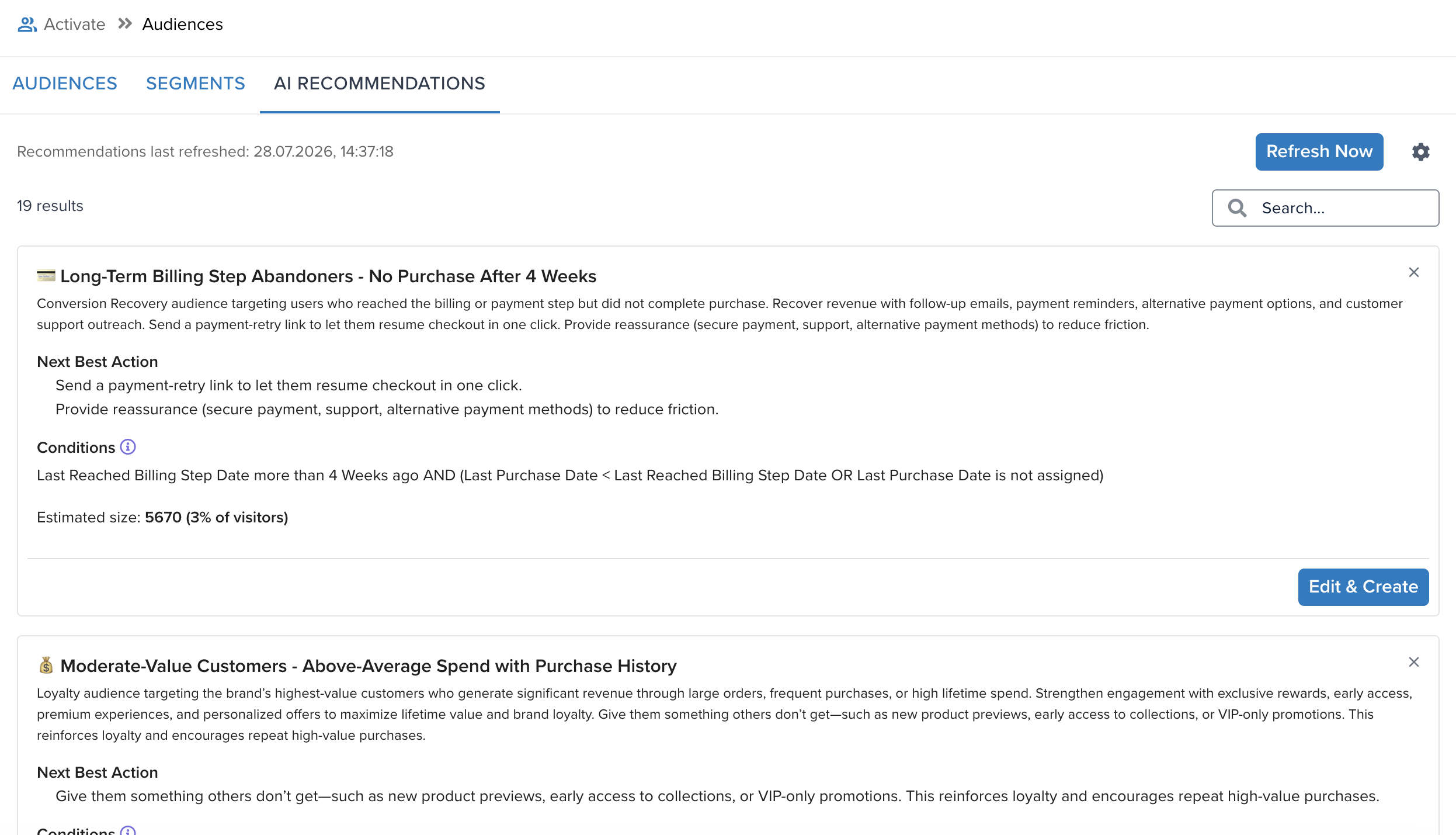 AI Recommendations tab showing a list of generated audience recommendations. AI Recommendations tab showing a list of generated audience recommendations.