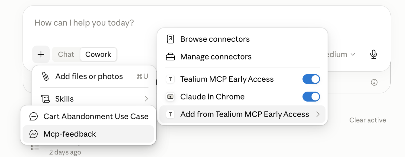 Claude message composer showing the Add from Tealium Configuration MCP menu with Mcp-feedback selected Claude message composer showing the Add from Tealium Configuration MCP menu with Mcp-feedback selected