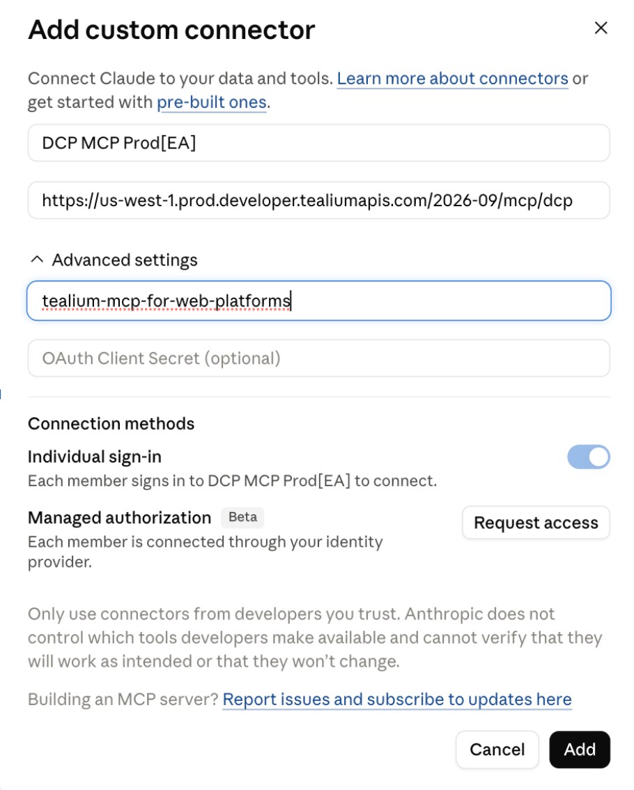 Add custom connector form in Claude showing the connector name, MCP server URL, and OAuth Client ID fields filled in Add custom connector form in Claude showing the connector name, MCP server URL, and OAuth Client ID fields filled in