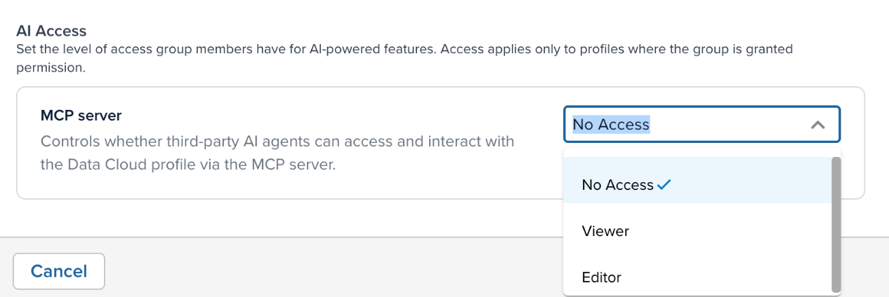 AI Access section in Manage Permissions showing the MCP server dropdown with Viewer and Editor options AI Access section in Manage Permissions showing the MCP server dropdown with Viewer and Editor options