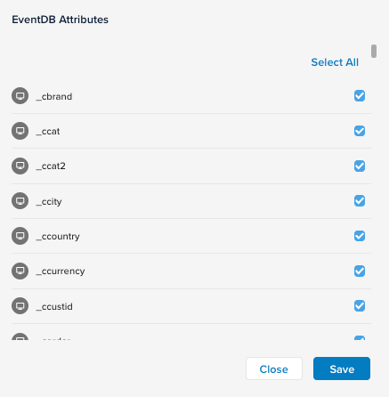 List of attributes to select for EventDB