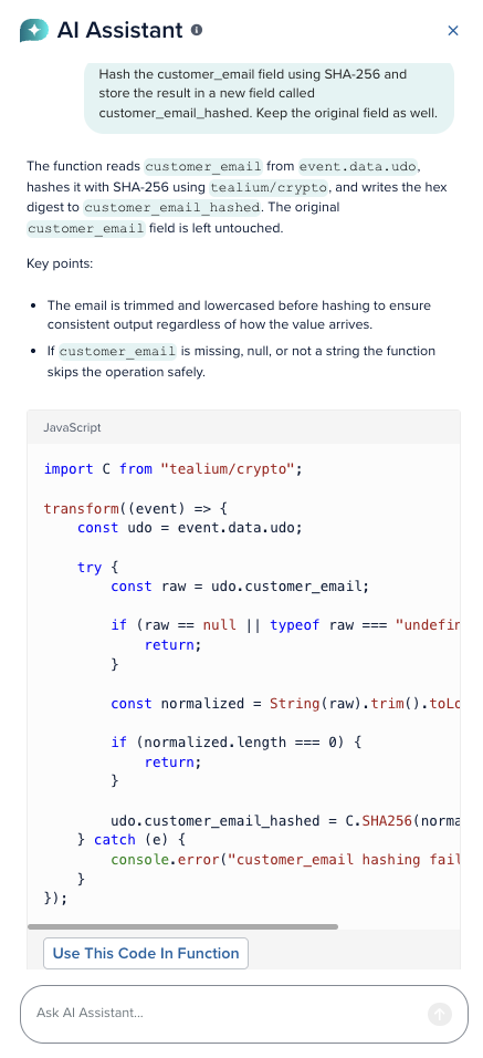 AI assistant panel showing a generated SHA-256 hashing function with the Use This Code In Function button. AI assistant panel showing a generated SHA-256 hashing function with the Use This Code In Function button.