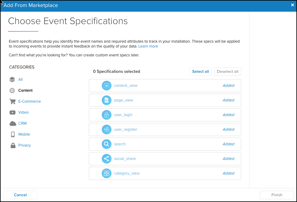 Choose Event Specifications and Click Finish