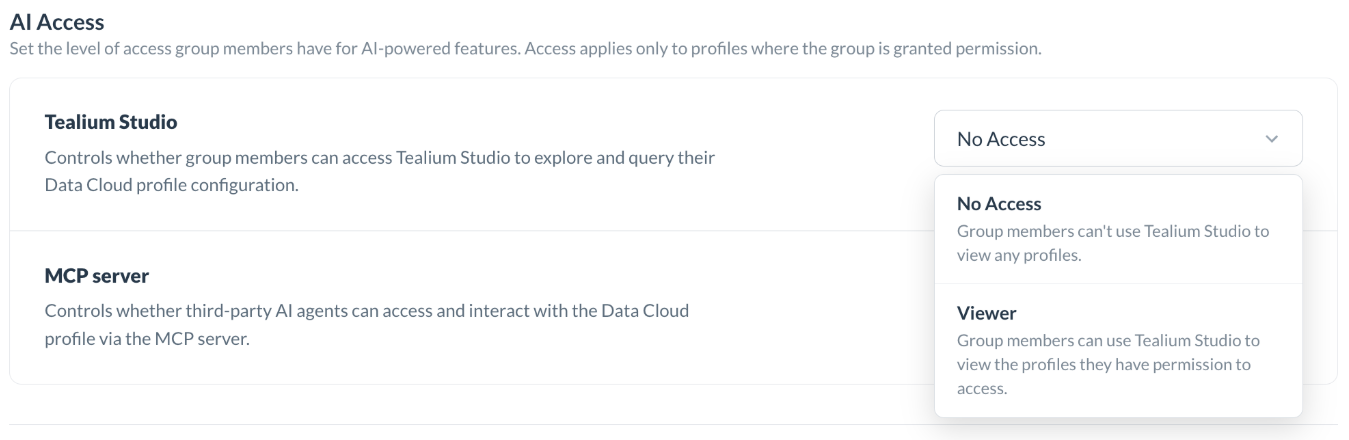 AI Access section in Platform Permissions showing Tealium Studio No Access and Viewer options AI Access section in Platform Permissions showing Tealium Studio No Access and Viewer options